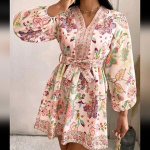 Boho Floral Print Long Sleeve Belted Dress